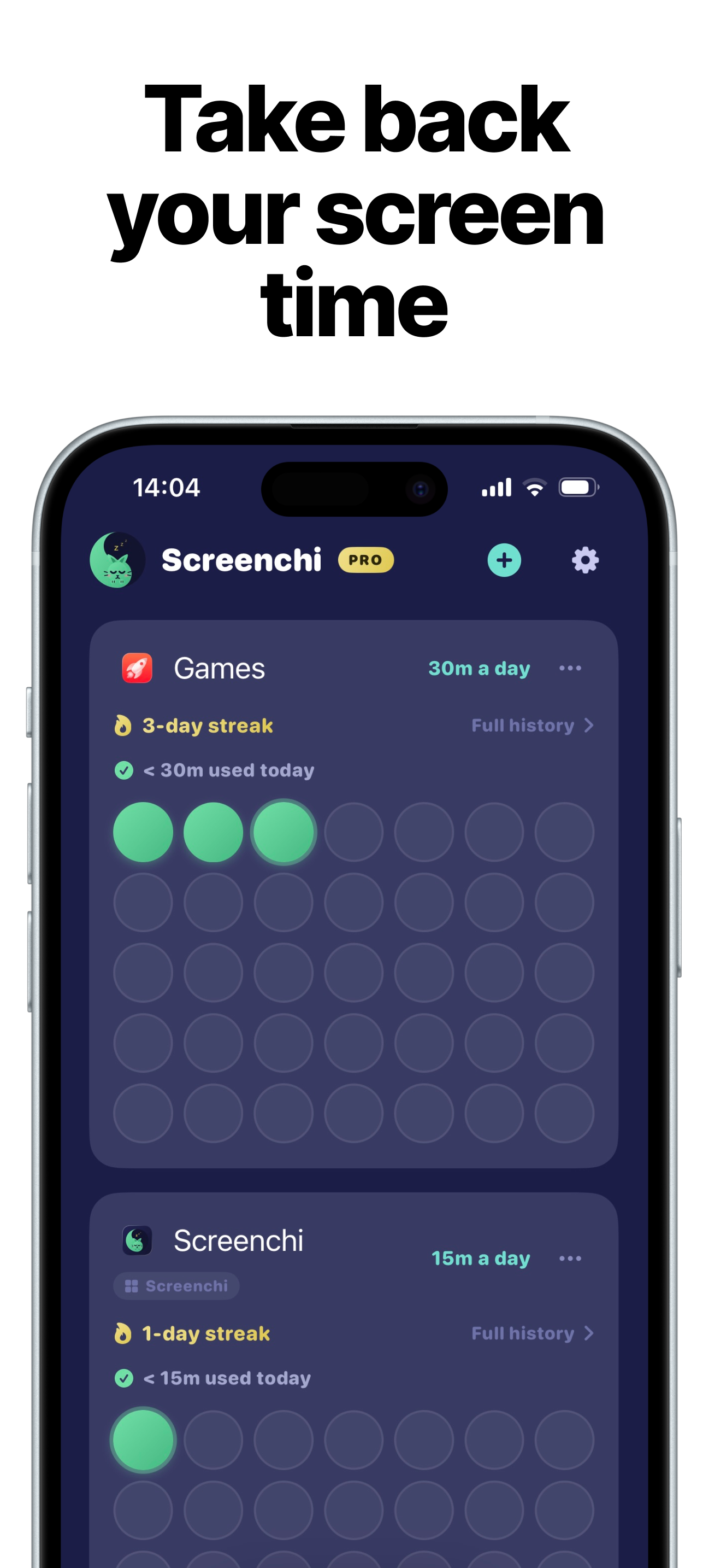 Screenchi dashboard: daily app limits with a grid of green streak dots